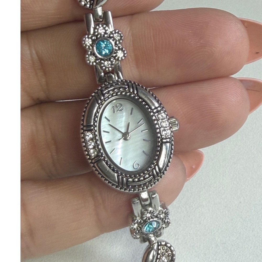 Bezel Silver Tone Mother of Pearl Oval Moonstone & Rhinestone Floral Fits 7.25"